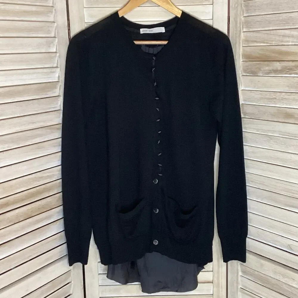 Sacai Satin Panel Back Fine Gauge Knit 100% Wool Cardigan Black S FLAW